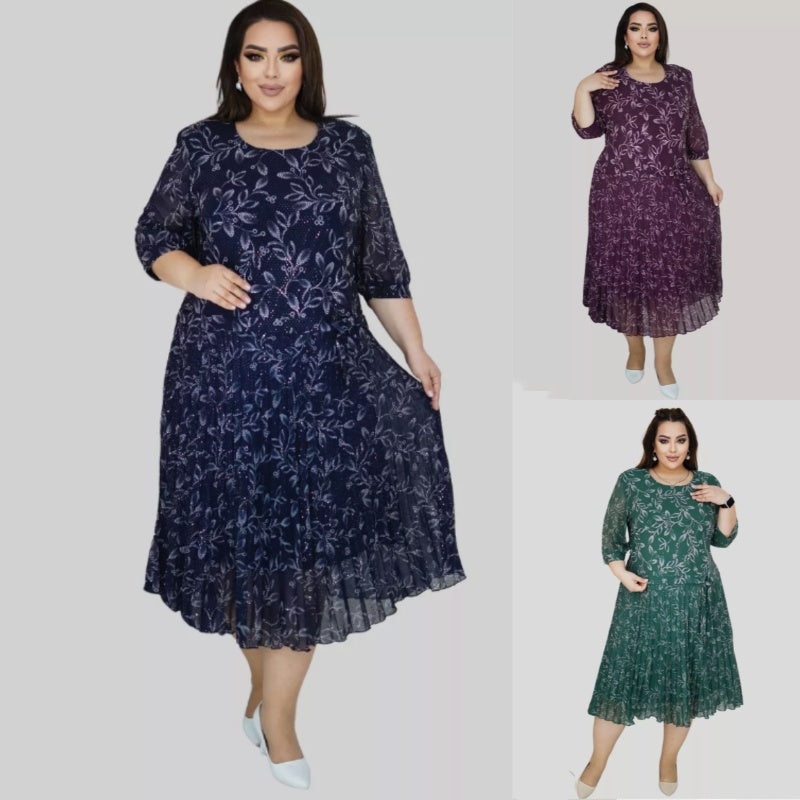 Кръгло деколте с 3/4 ръкав и печатна макси рокля