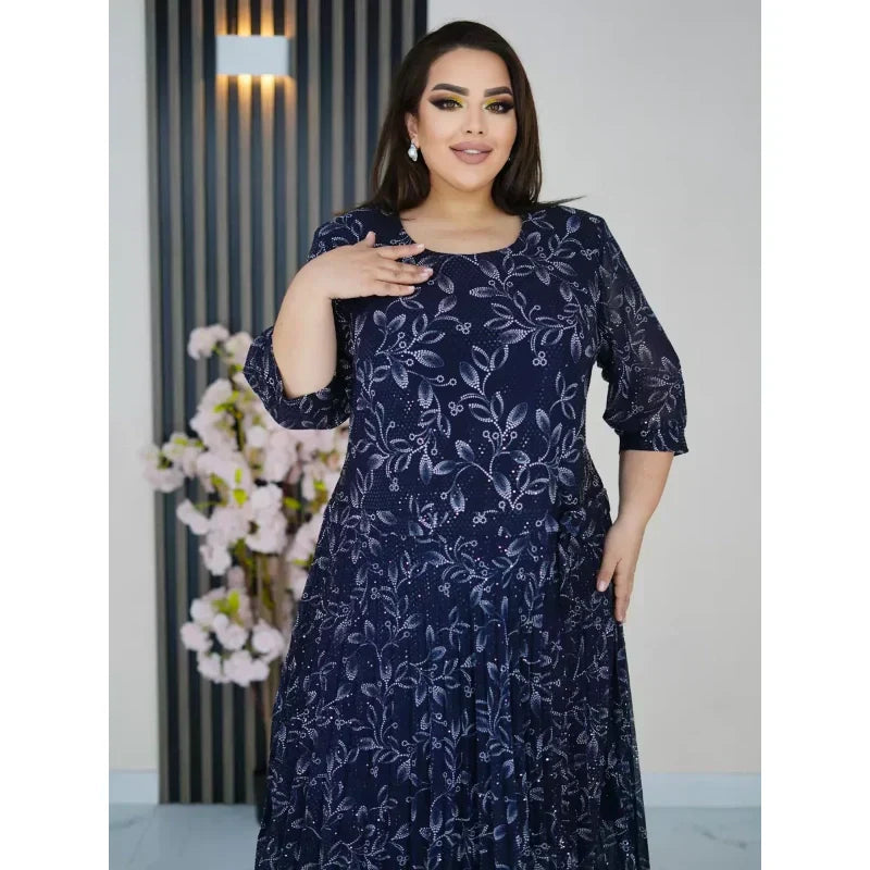 Кръгло деколте с 3/4 ръкав и печатна макси рокля