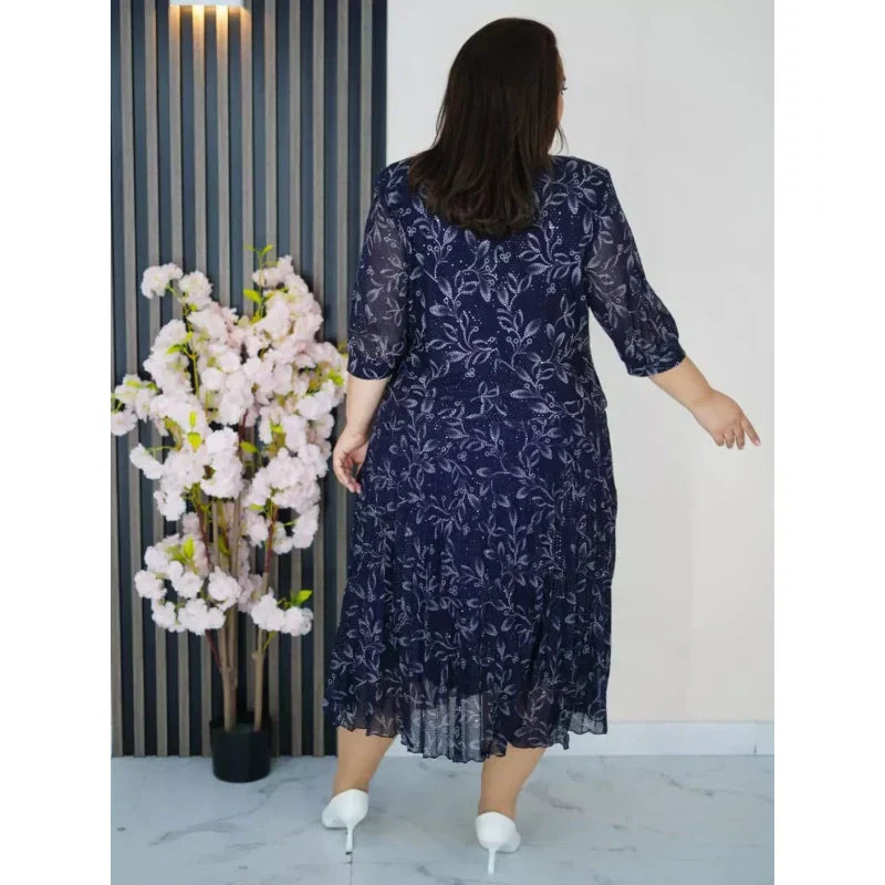 Кръгло деколте с 3/4 ръкав и печатна макси рокля