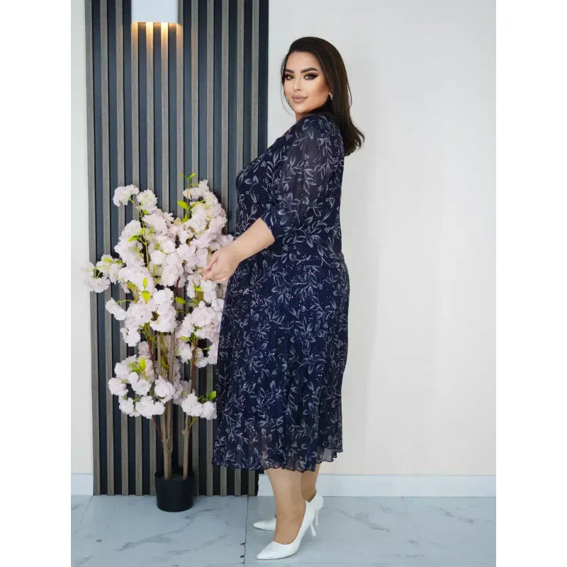 Кръгло деколте с 3/4 ръкав и печатна макси рокля