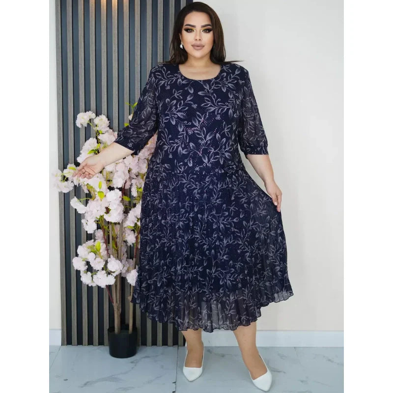 Кръгло деколте с 3/4 ръкав и печатна макси рокля