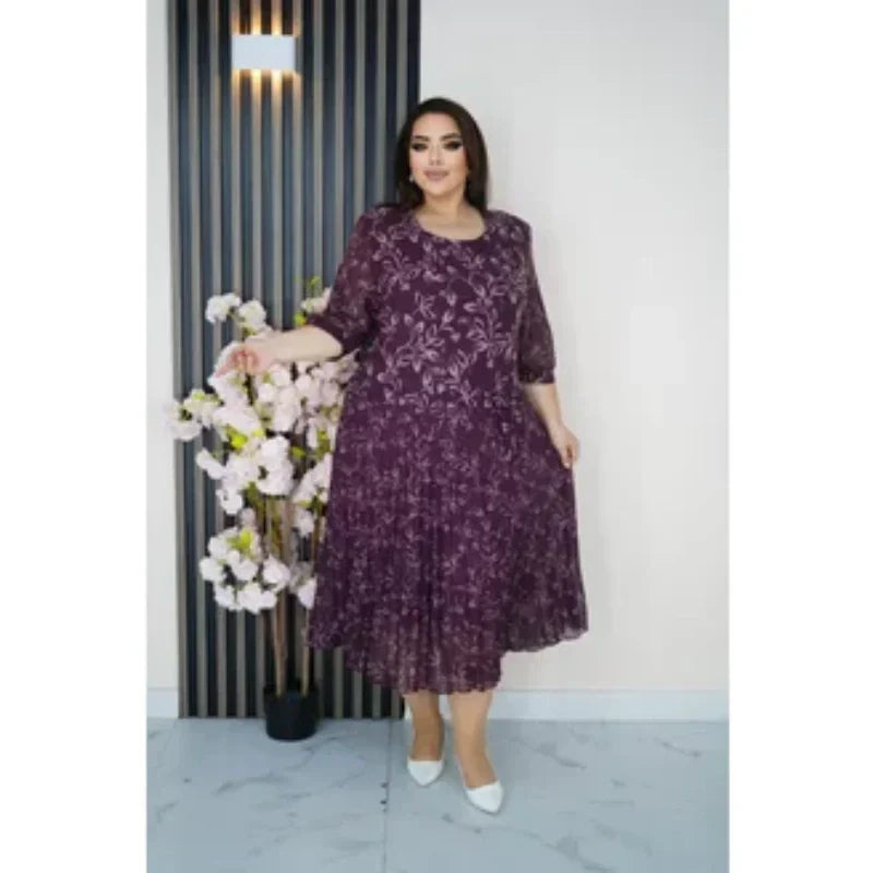 Кръгло деколте с 3/4 ръкав и печатна макси рокля