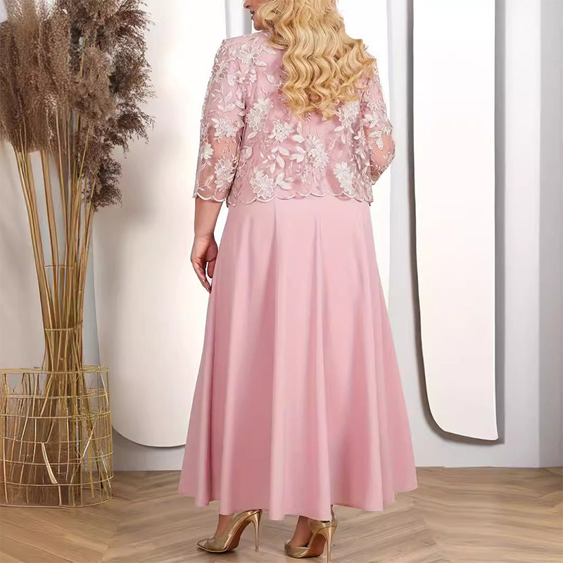 ✨Дамска едноцветна рокля с бродирано дантелено яке