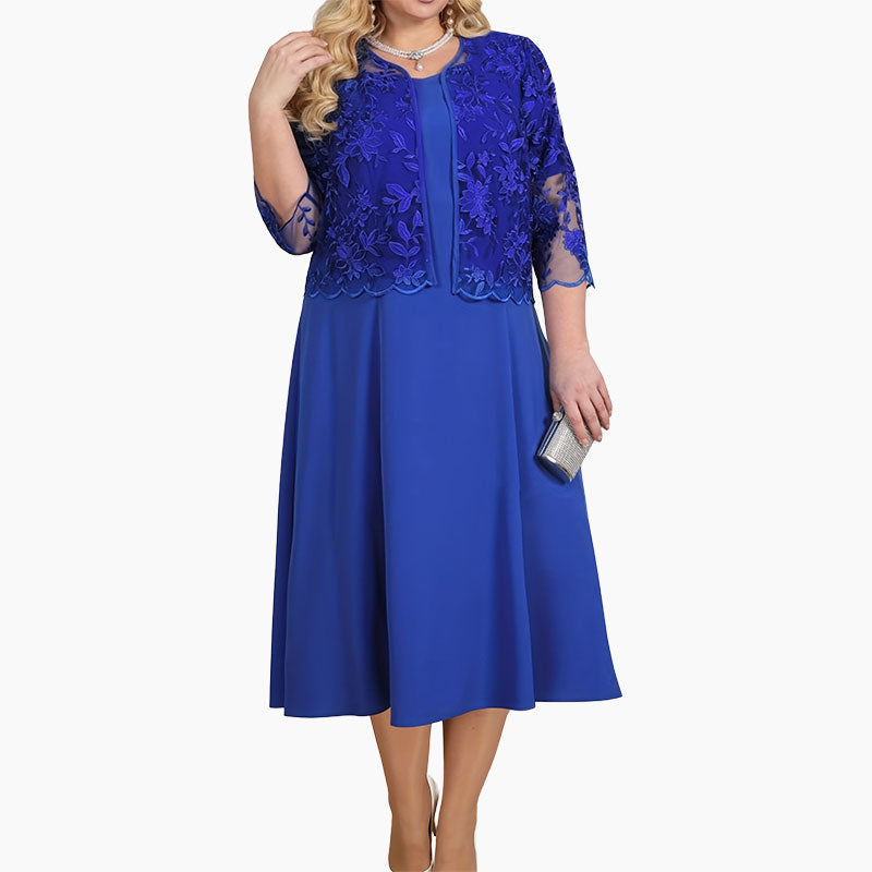 ✨Дамска едноцветна рокля с бродирано дантелено яке