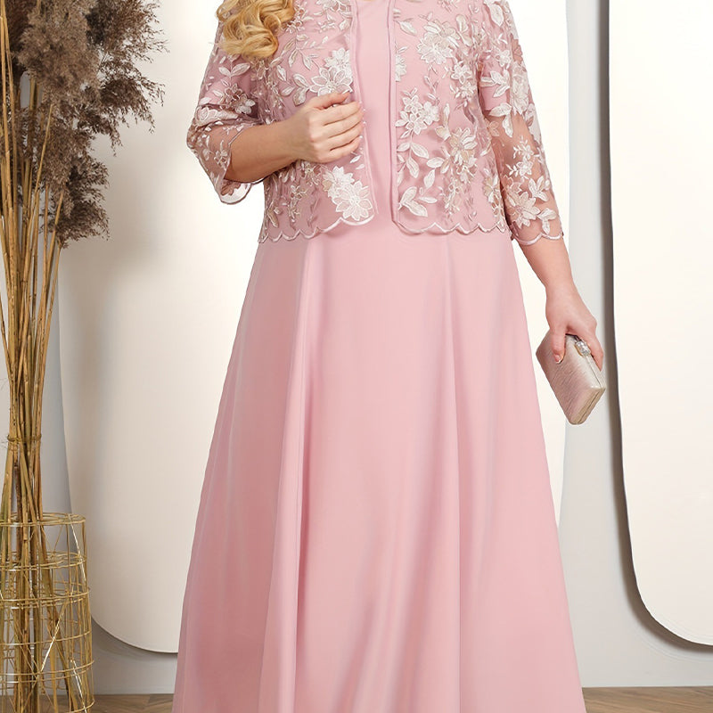 ✨Дамска едноцветна рокля с бродирано дантелено яке