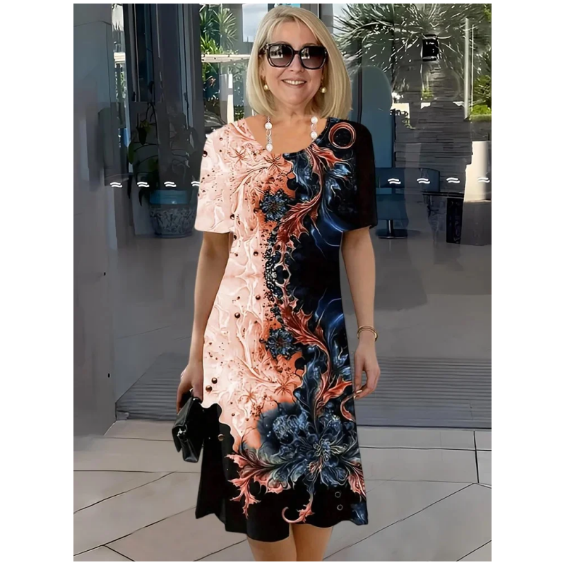 👗 Női nyári virágmintás kerek nyakú, A-vonalú, rövid ujjú ruha