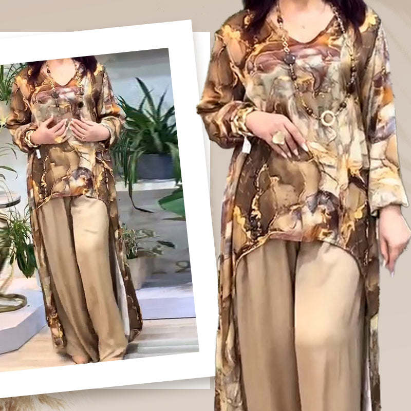 ❤️Дамски комплект от две части с модерен топ и панталон с щампа