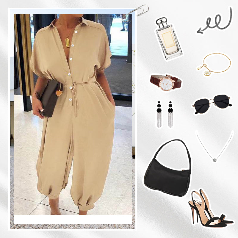 💜✨Női gomb alkalmi laza laza rövid ujjú jumpsuit