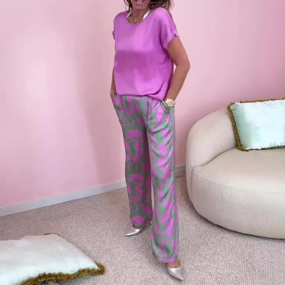 🎉【S-4XL】💝Комплект от две части - горнище с кръгло деколте и широки панталони с щампи