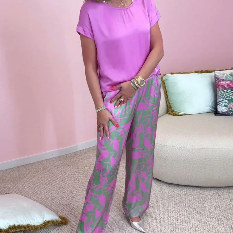 🎉【S-4XL】💝Комплект от две части - горнище с кръгло деколте и широки панталони с щампи