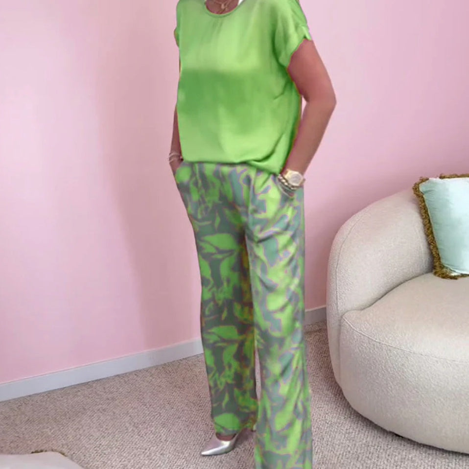 🎉【S-4XL】💝Комплект от две части - горнище с кръгло деколте и широки панталони с щампи