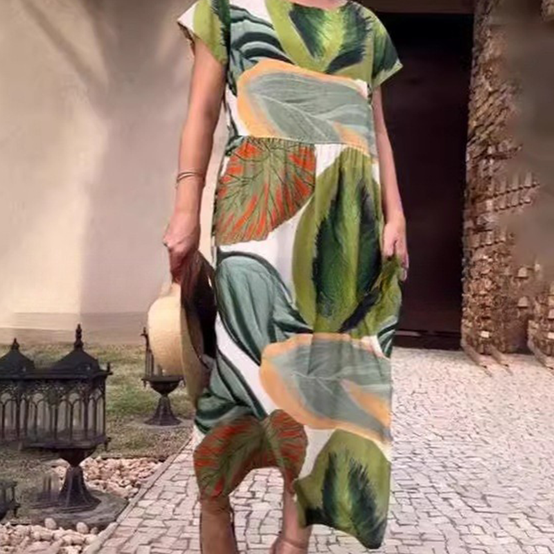 🌸 Рокли с къс ръкав и щампа със страничен цеп и страничен цеп и къс ръкав за жени