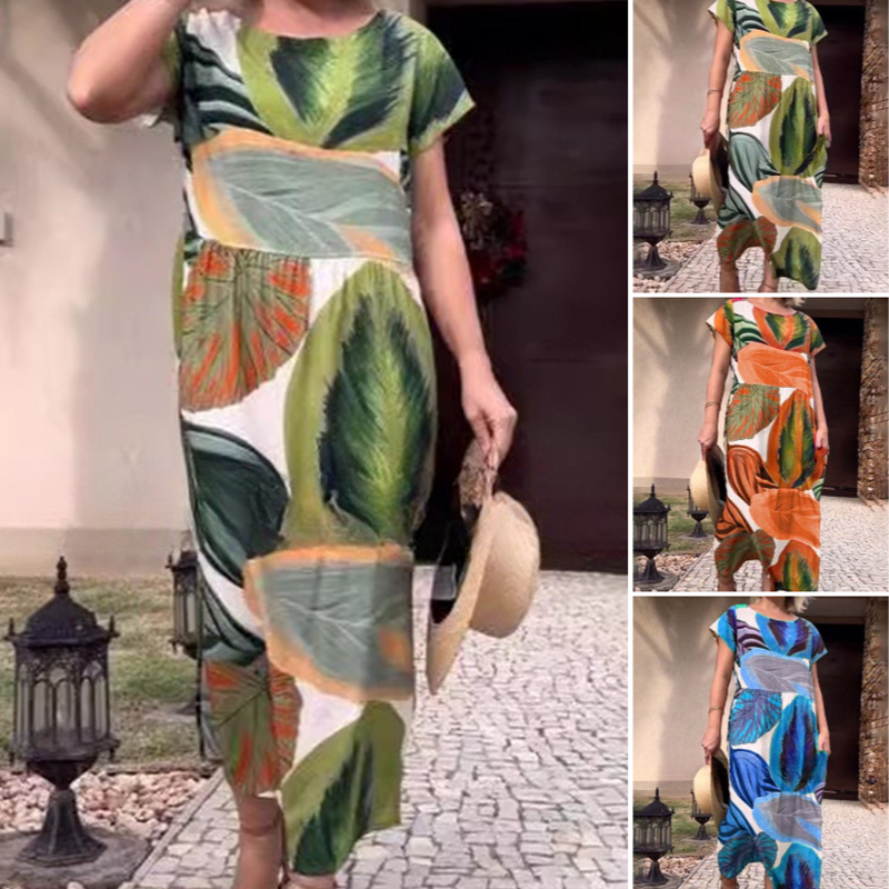 🌸 Рокли с къс ръкав и щампа със страничен цеп и страничен цеп и къс ръкав за жени