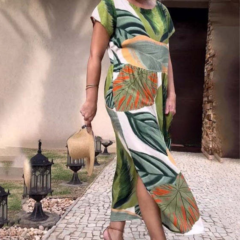 🌸 Рокли с къс ръкав и щампа със страничен цеп и страничен цеп и къс ръкав за жени