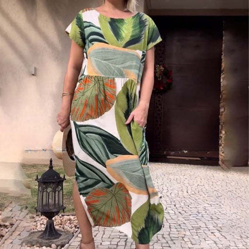 🌸 Рокли с къс ръкав и щампа със страничен цеп и страничен цеп и къс ръкав за жени