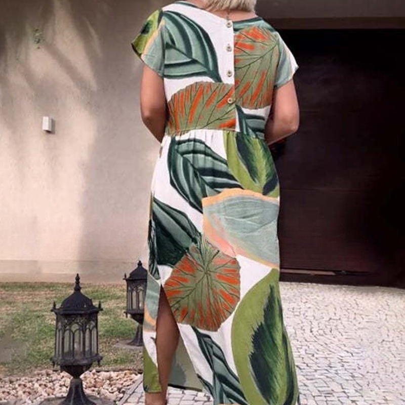 🌸 Рокли с къс ръкав и щампа със страничен цеп и страничен цеп и къс ръкав за жени