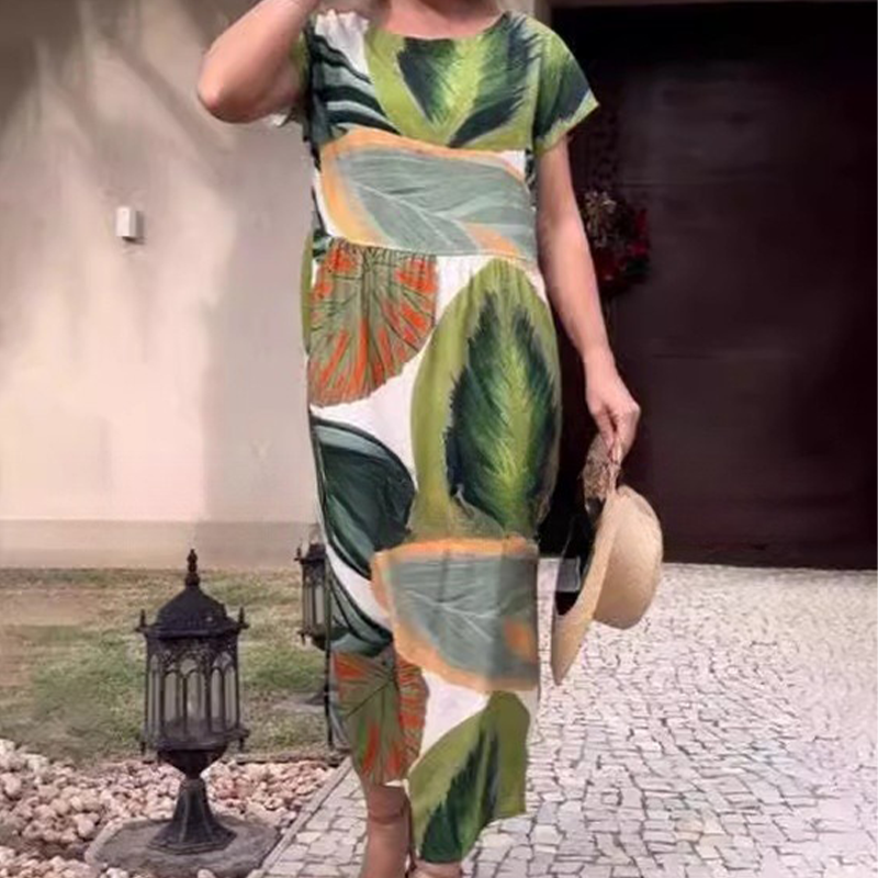 🌸 Рокли с къс ръкав и щампа със страничен цеп и страничен цеп и къс ръкав за жени