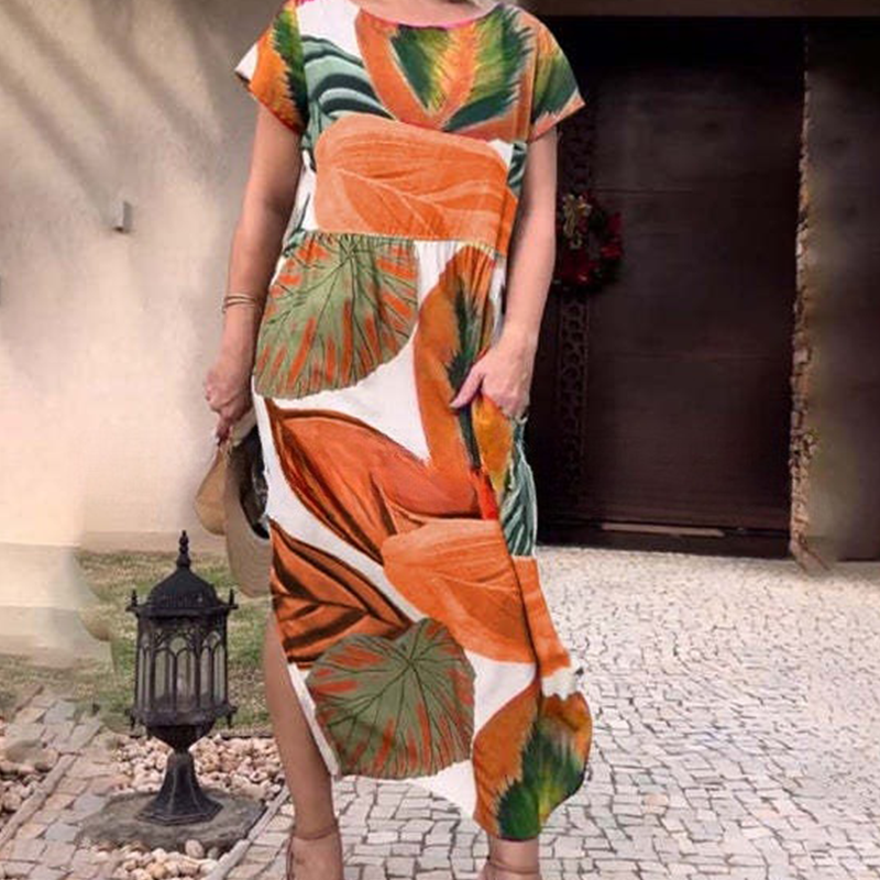 🌸 Рокли с къс ръкав и щампа със страничен цеп и страничен цеп и къс ръкав за жени