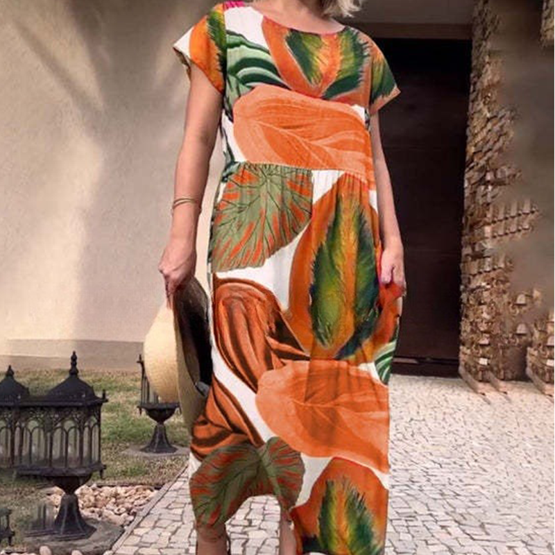 🌸 Рокли с къс ръкав и щампа със страничен цеп и страничен цеп и къс ръкав за жени