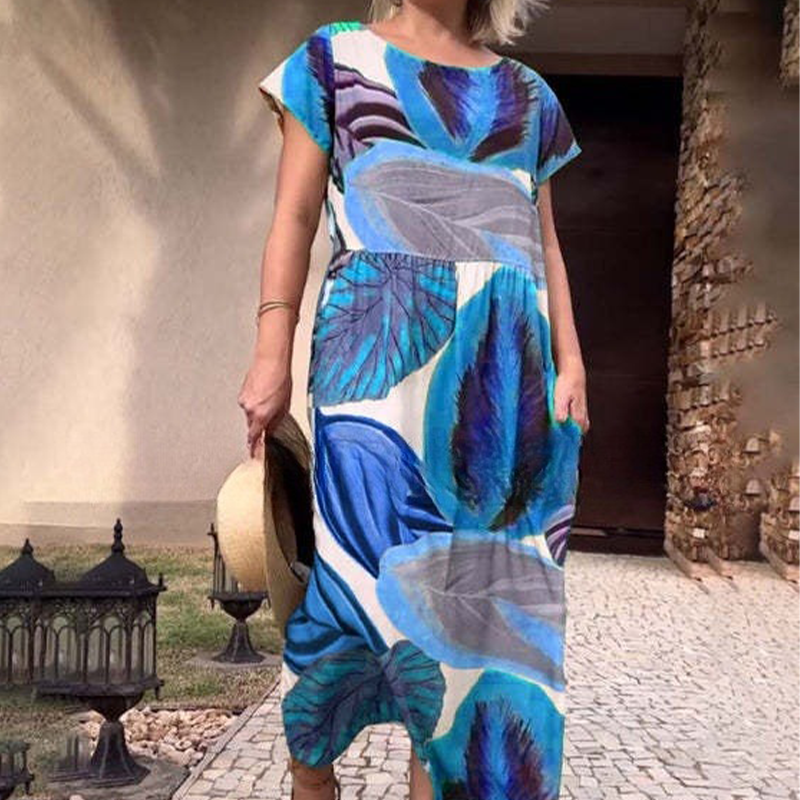 🌸 Рокли с къс ръкав и щампа със страничен цеп и страничен цеп и къс ръкав за жени