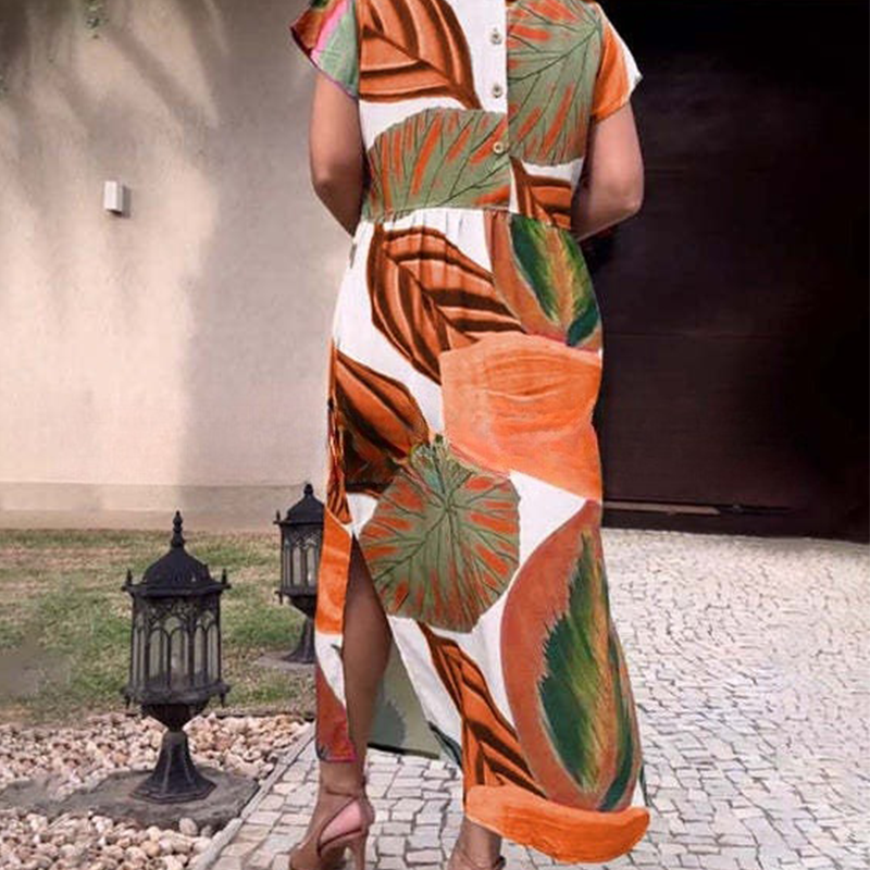 🌸 Рокли с къс ръкав и щампа със страничен цеп и страничен цеп и къс ръкав за жени