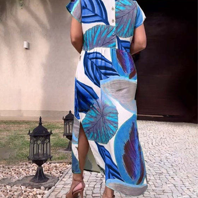 🌸 Рокли с къс ръкав и щампа със страничен цеп и страничен цеп и къс ръкав за жени