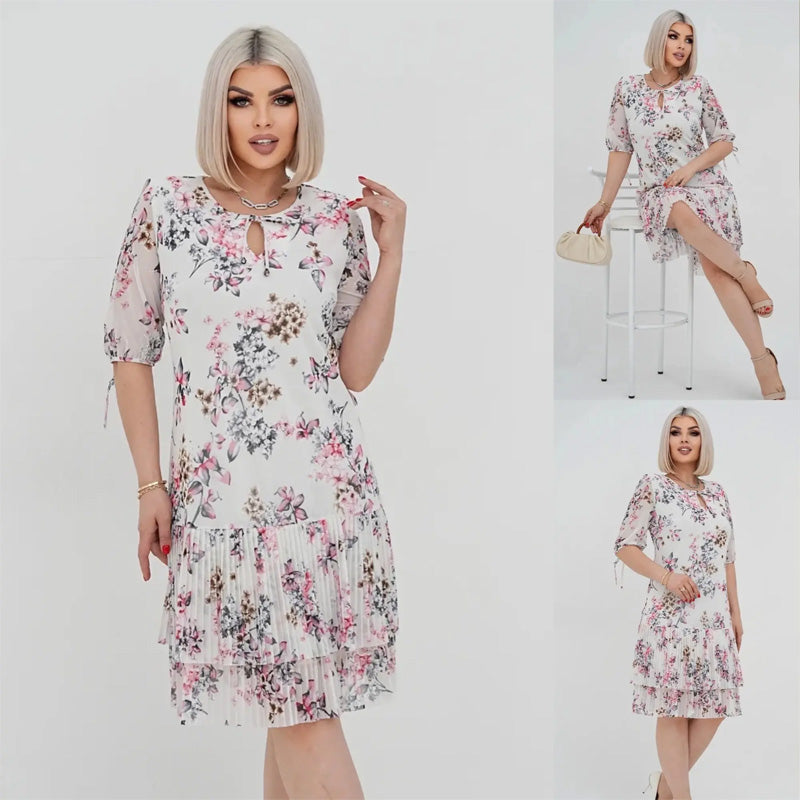 Дамски елегантен къс ръкав плисирана дълга рокля