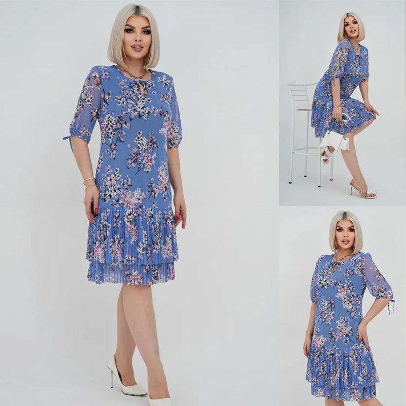 Дамски елегантен къс ръкав плисирана дълга рокля