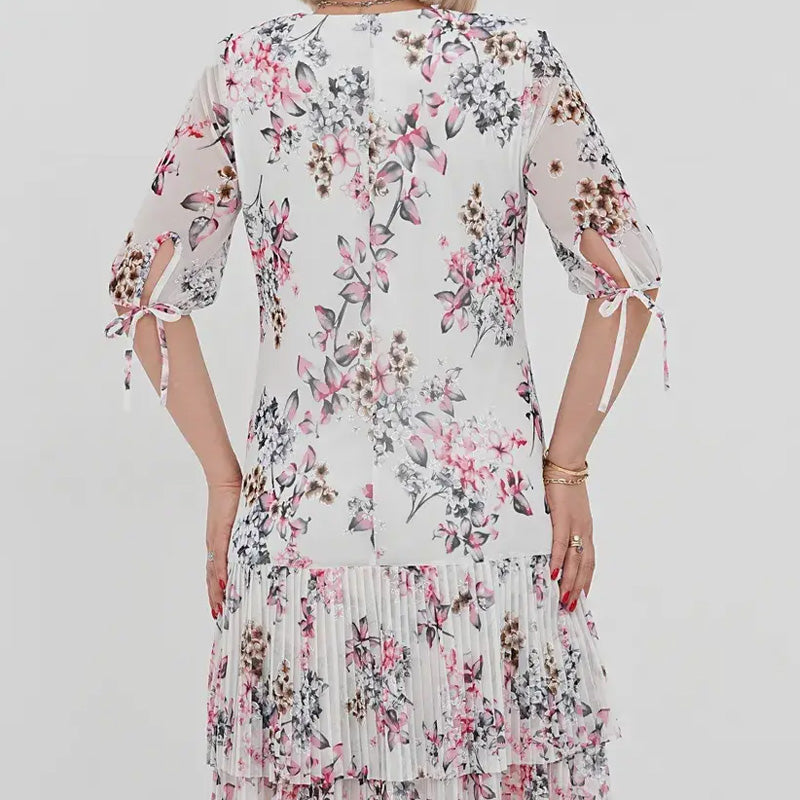 Дамски елегантен къс ръкав плисирана дълга рокля