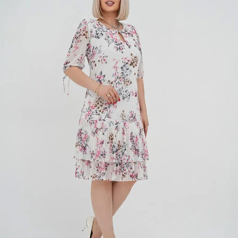 Дамски елегантен къс ръкав плисирана дълга рокля