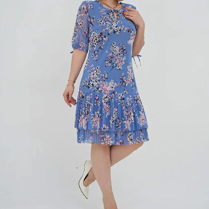 Дамски елегантен къс ръкав плисирана дълга рокля