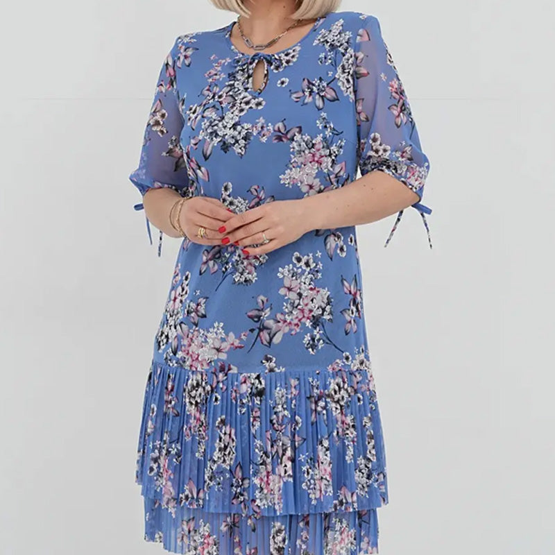 Дамски елегантен къс ръкав плисирана дълга рокля