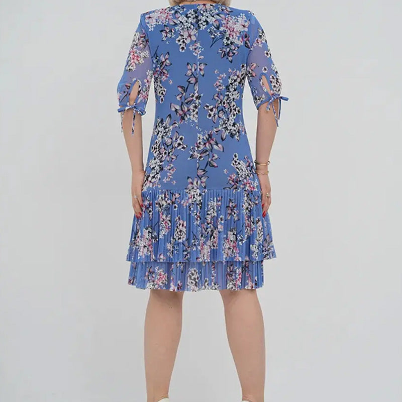 Дамски елегантен къс ръкав плисирана дълга рокля