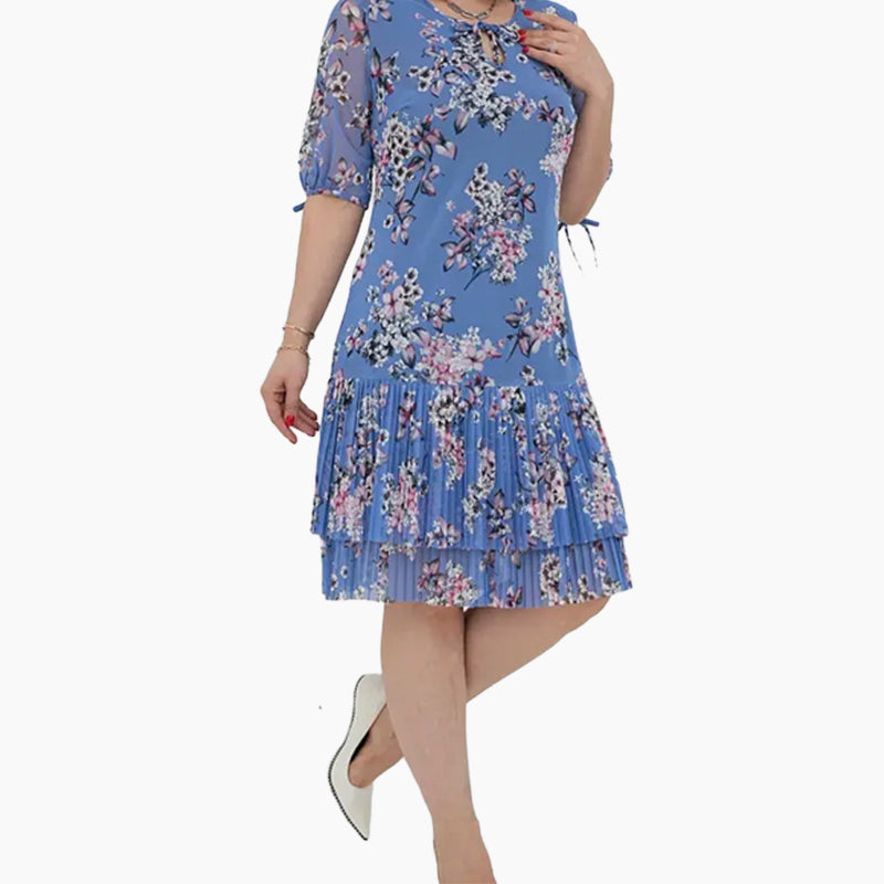 Дамски елегантен къс ръкав плисирана дълга рокля