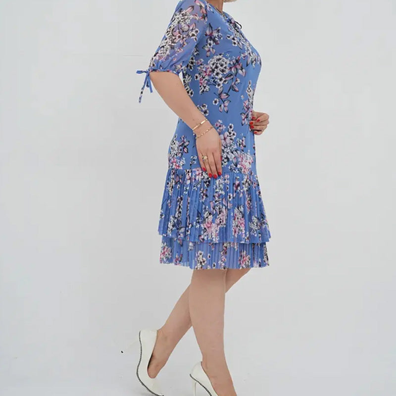 Дамски елегантен къс ръкав плисирана дълга рокля