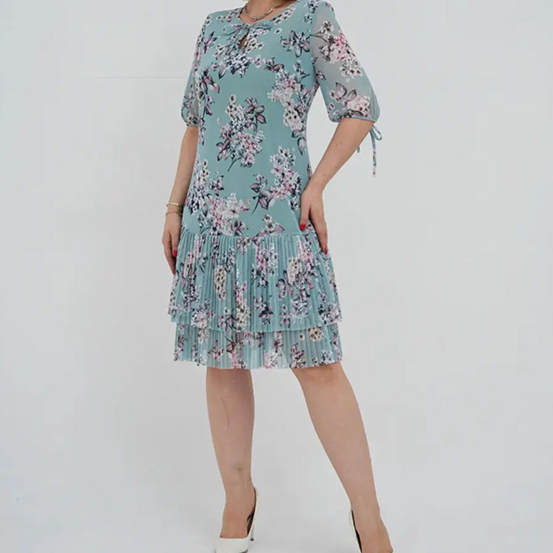 Дамски елегантен къс ръкав плисирана дълга рокля