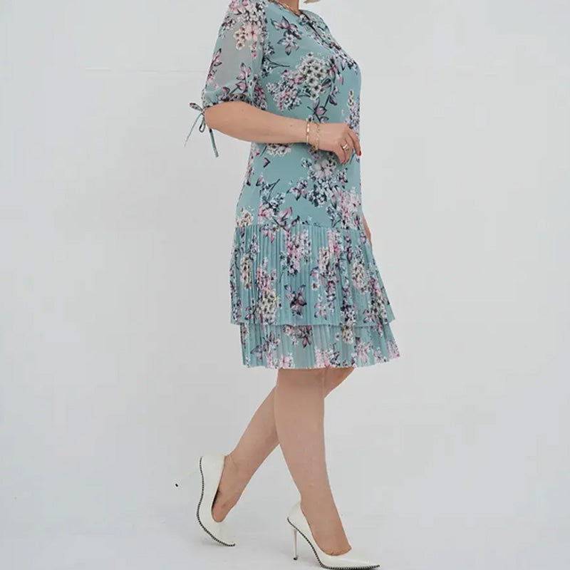 Дамски елегантен къс ръкав плисирана дълга рокля