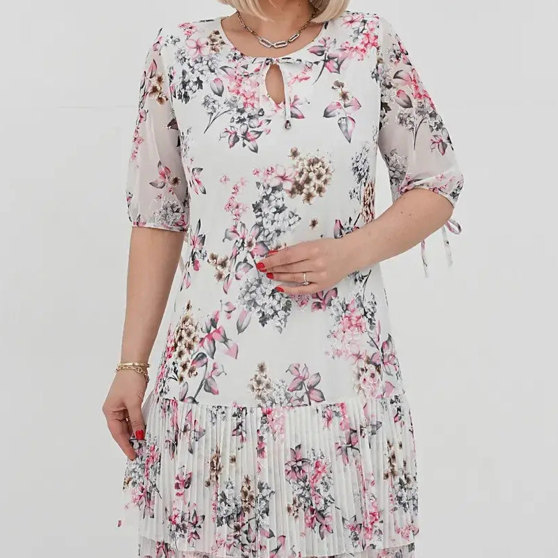 Дамски елегантен къс ръкав плисирана дълга рокля