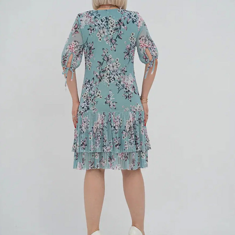 Дамски елегантен къс ръкав плисирана дълга рокля