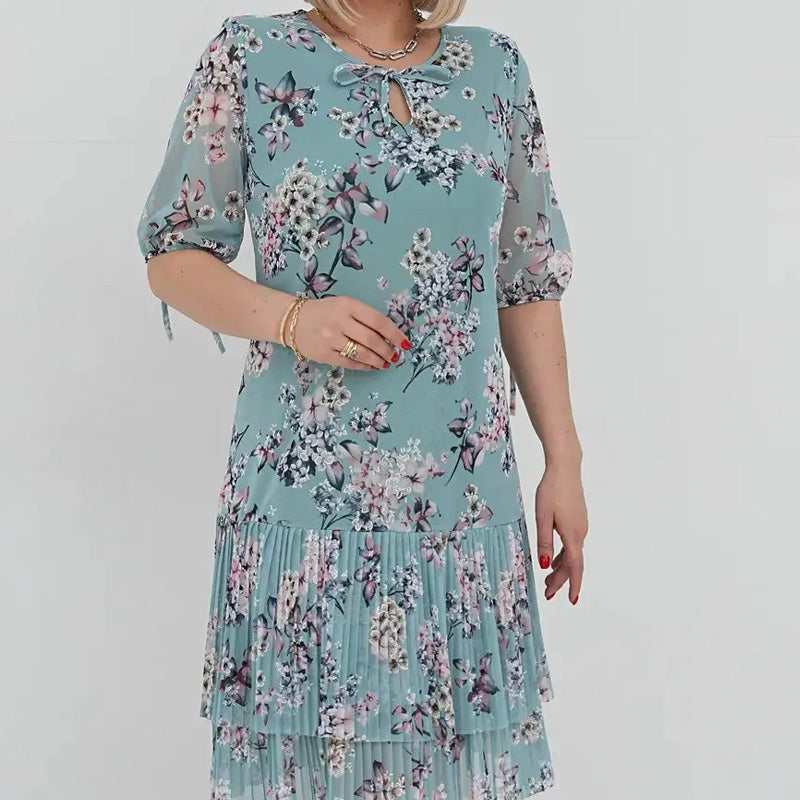 Дамски елегантен къс ръкав плисирана дълга рокля