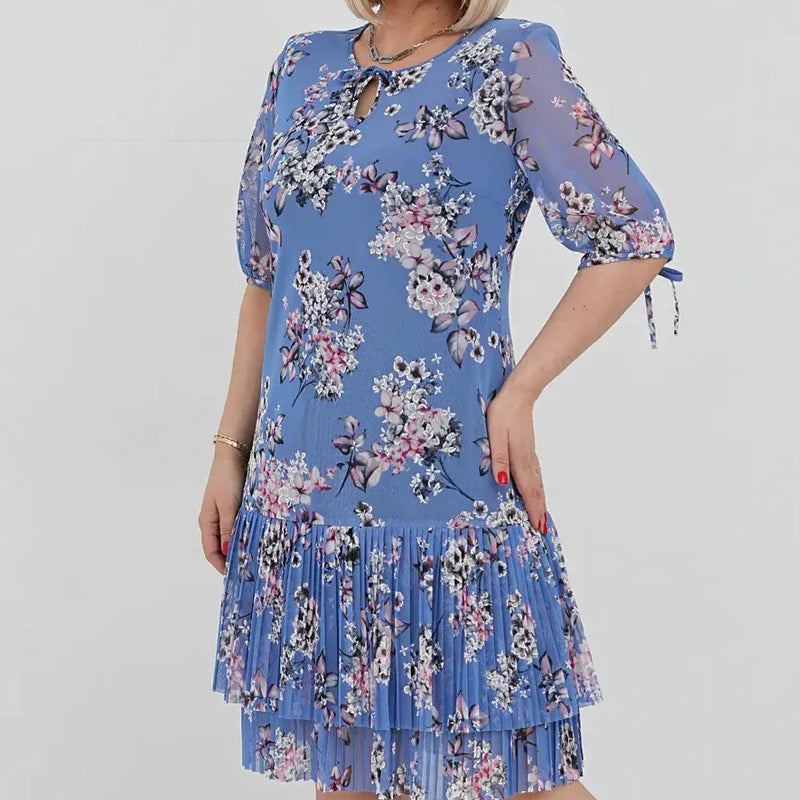 Дамски елегантен къс ръкав плисирана дълга рокля