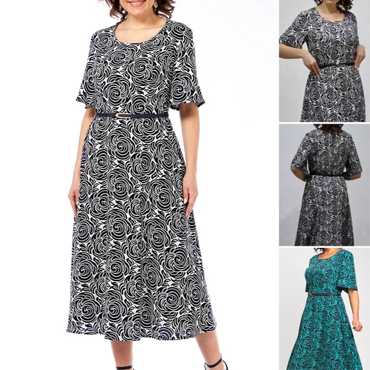 Elegáns, mintás maxi ruha övvel