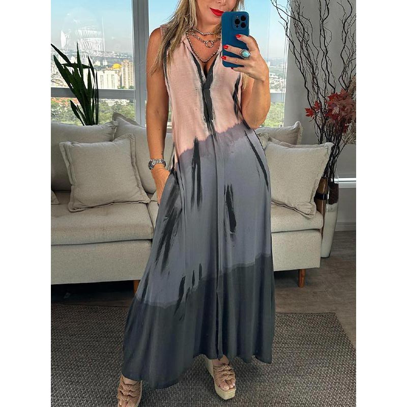 Дамска рокля без ръкави с V-образно деколте с вратовръзка