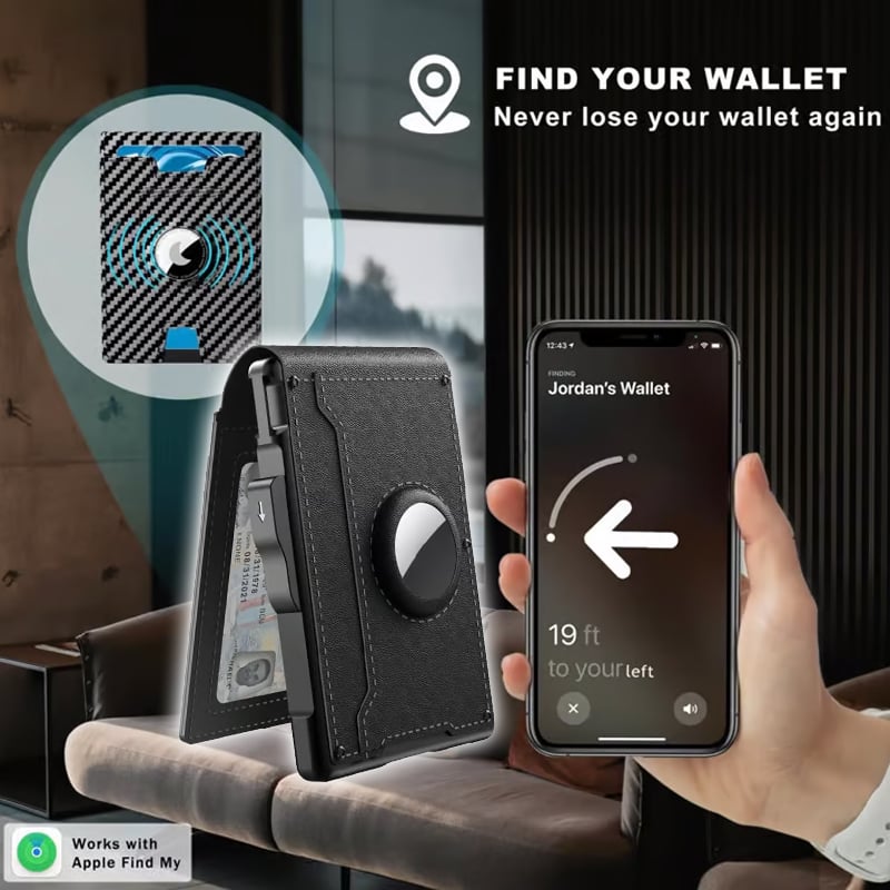 🎁Портфейл AirTag за мъже – алуминиев калъф с капаче, щипка за пари, тънки кожени отделения, държач за кредитни карти, RFID блокиране, минималистичен двуслоен портфейл