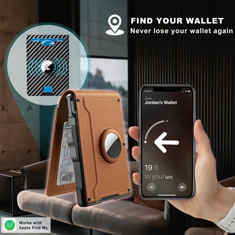 🎁Портфейл AirTag за мъже – алуминиев калъф с капаче, щипка за пари, тънки кожени отделения, държач за кредитни карти, RFID блокиране, минималистичен двуслоен портфейл