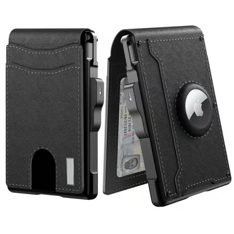 🎁Портфейл AirTag за мъже – алуминиев калъф с капаче, щипка за пари, тънки кожени отделения, държач за кредитни карти, RFID блокиране, минималистичен двуслоен портфейл