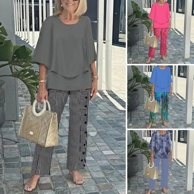 🌸Дамски ежедневен панталон с къс ръкав и щампа, обло деколте