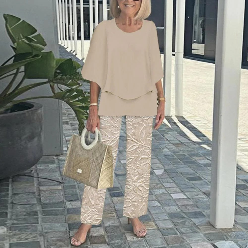 🌸Дамски ежедневен панталон с къс ръкав и щампа, обло деколте