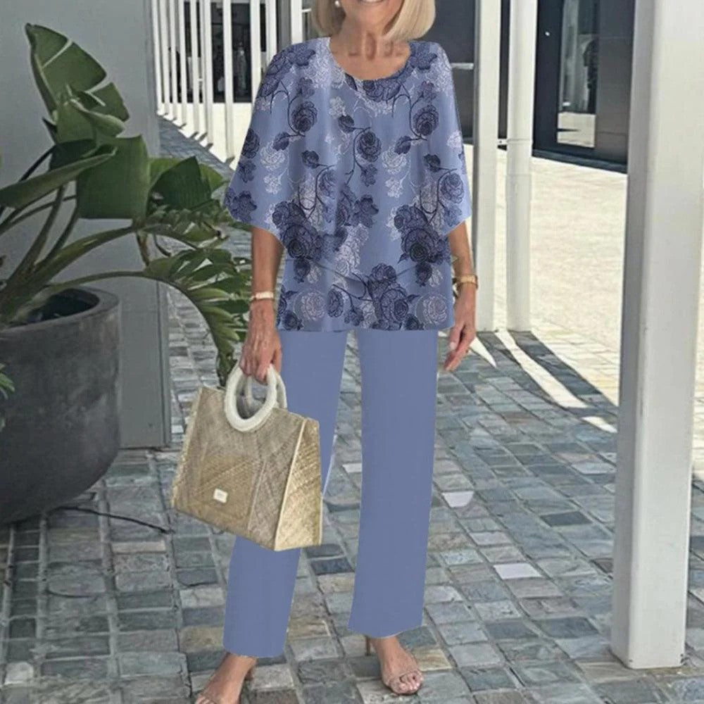 🌸Дамски ежедневен панталон с къс ръкав и щампа, обло деколте