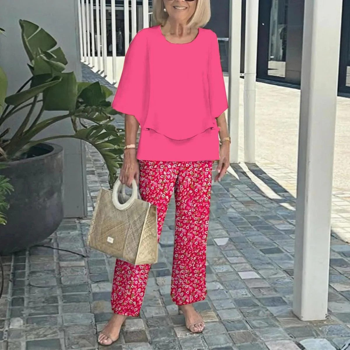 🌸Дамски ежедневен панталон с къс ръкав и щампа, обло деколте